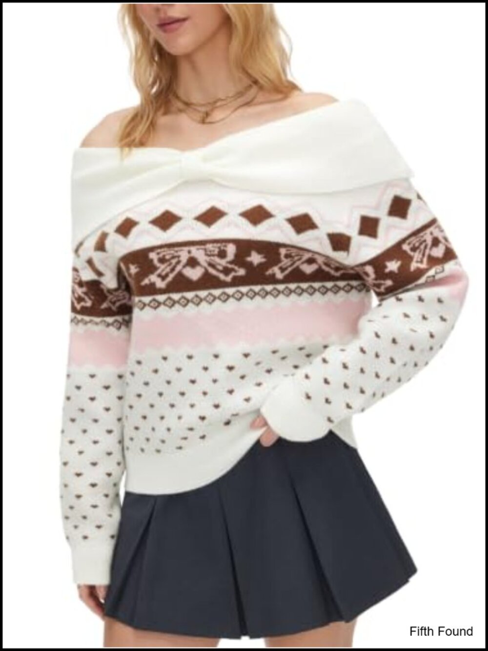 Off Shoulder Fair Isle Bow Detail Knit Pullover Sweater